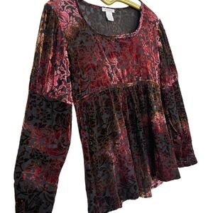 Velvet Burnout Top Women 1X Burgundy Floral Babydoll Whimsigoth Goth Dark Fairy